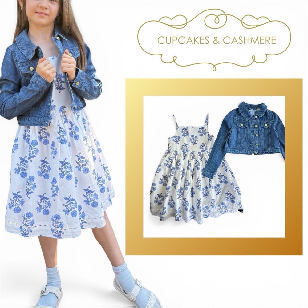 Cupcakes & Cashmere Girls Dress Set Size 8 Floral Sundress Denim Jacket 2PC NWT